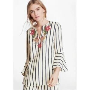 Brooks Brothers Embroidered Striped Linen Tunic Blouse Bell Sleeves Size 0